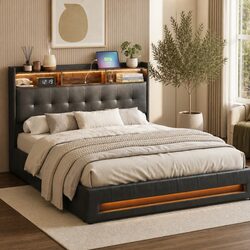 Queen Bed Frame with Gas Lift Storage LED Lights Charging Station Headboard