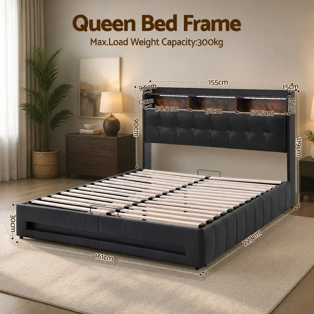 Queen Bed Frame with Gas Lift Storage LED Lights Charging Station Headboard