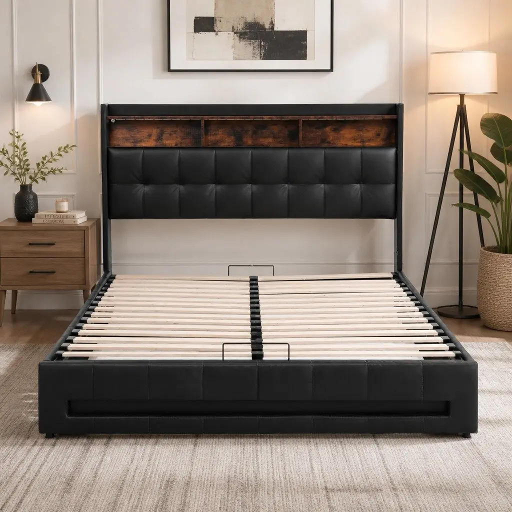 Queen Bed Frame with Gas Lift Storage LED Lights Charging Station Headboard
