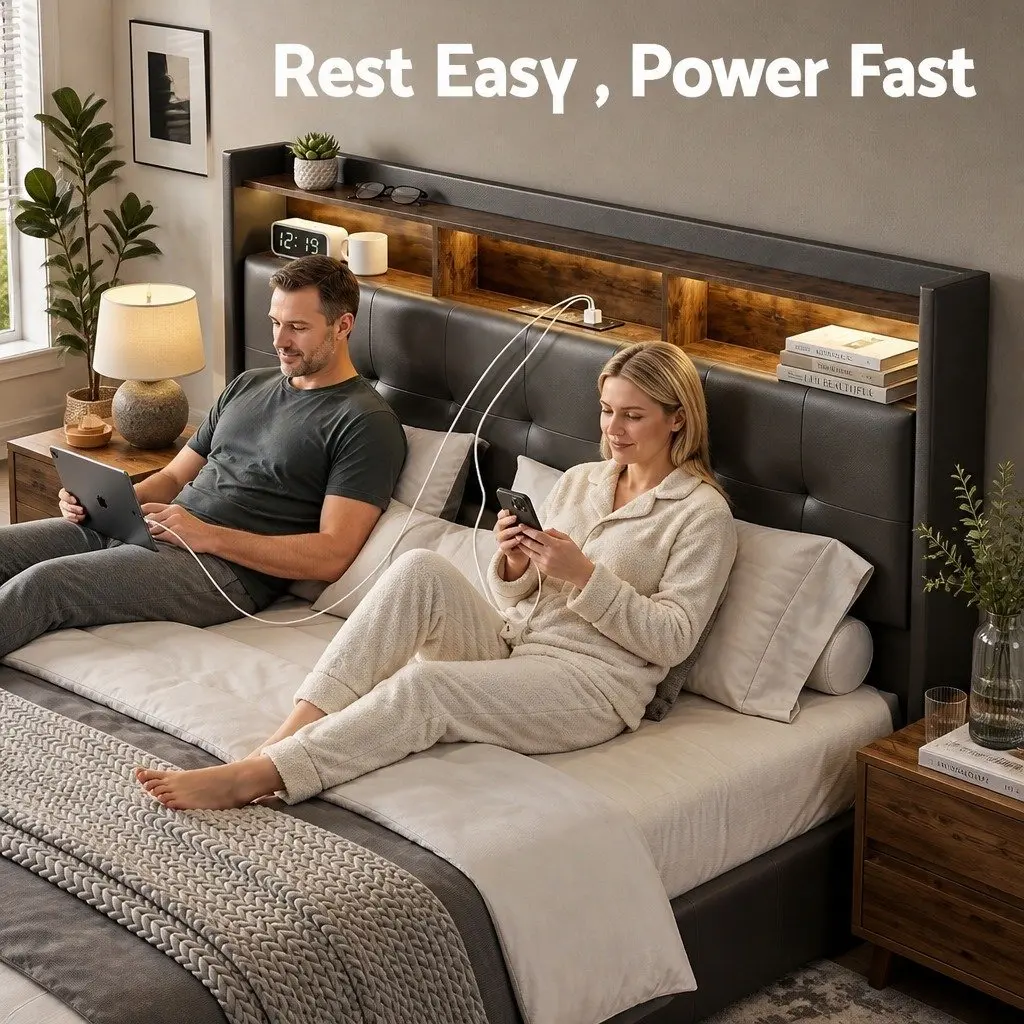 Queen Bed Frame with Gas Lift Storage LED Lights Charging Station Headboard