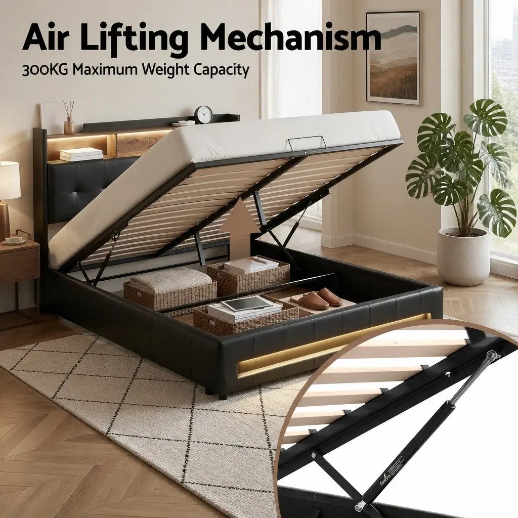 Queen Bed Frame with Gas Lift Storage LED Lights Charging Station Headboard