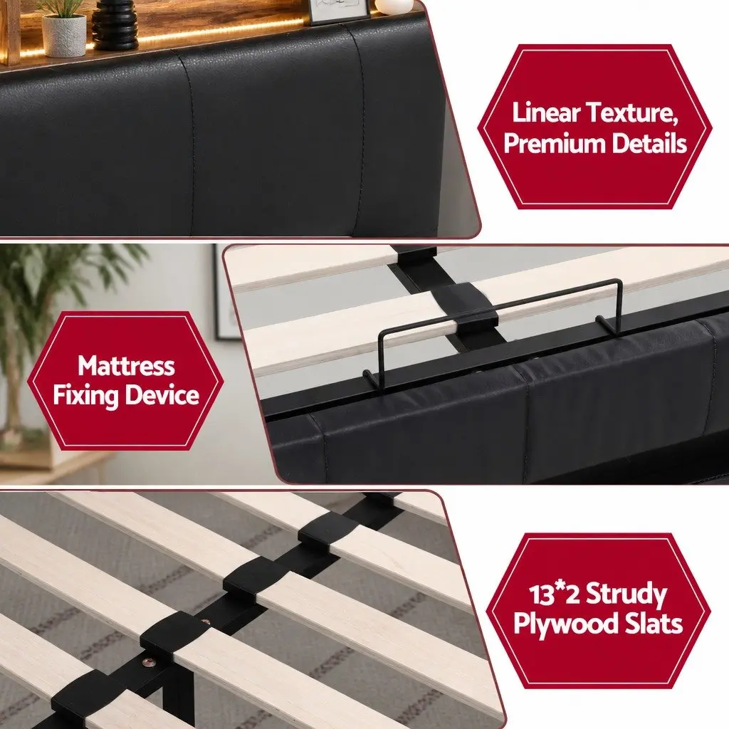 Queen Bed Frame with Gas Lift Storage LED Lights Charging Station Headboard