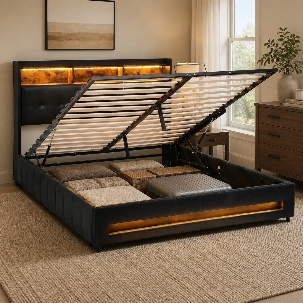 Queen Bed Frame with Gas Lift Storage LED Lights Charging Station Headboard