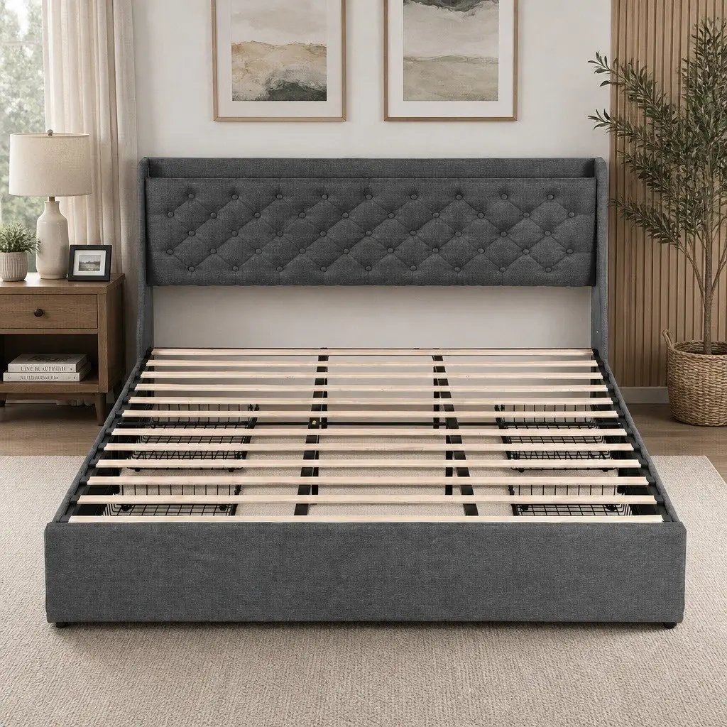 King Bed Frame with 4 Storage Drawers Tufted Wingback Upholstered Bedroom