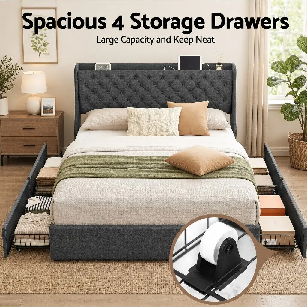 King Bed Frame with 4 Storage Drawers Tufted Wingback Upholstered Bedroom