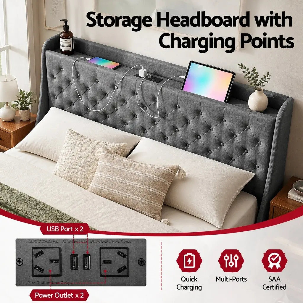 King Bed Frame with 4 Storage Drawers Tufted Wingback Upholstered Bedroom