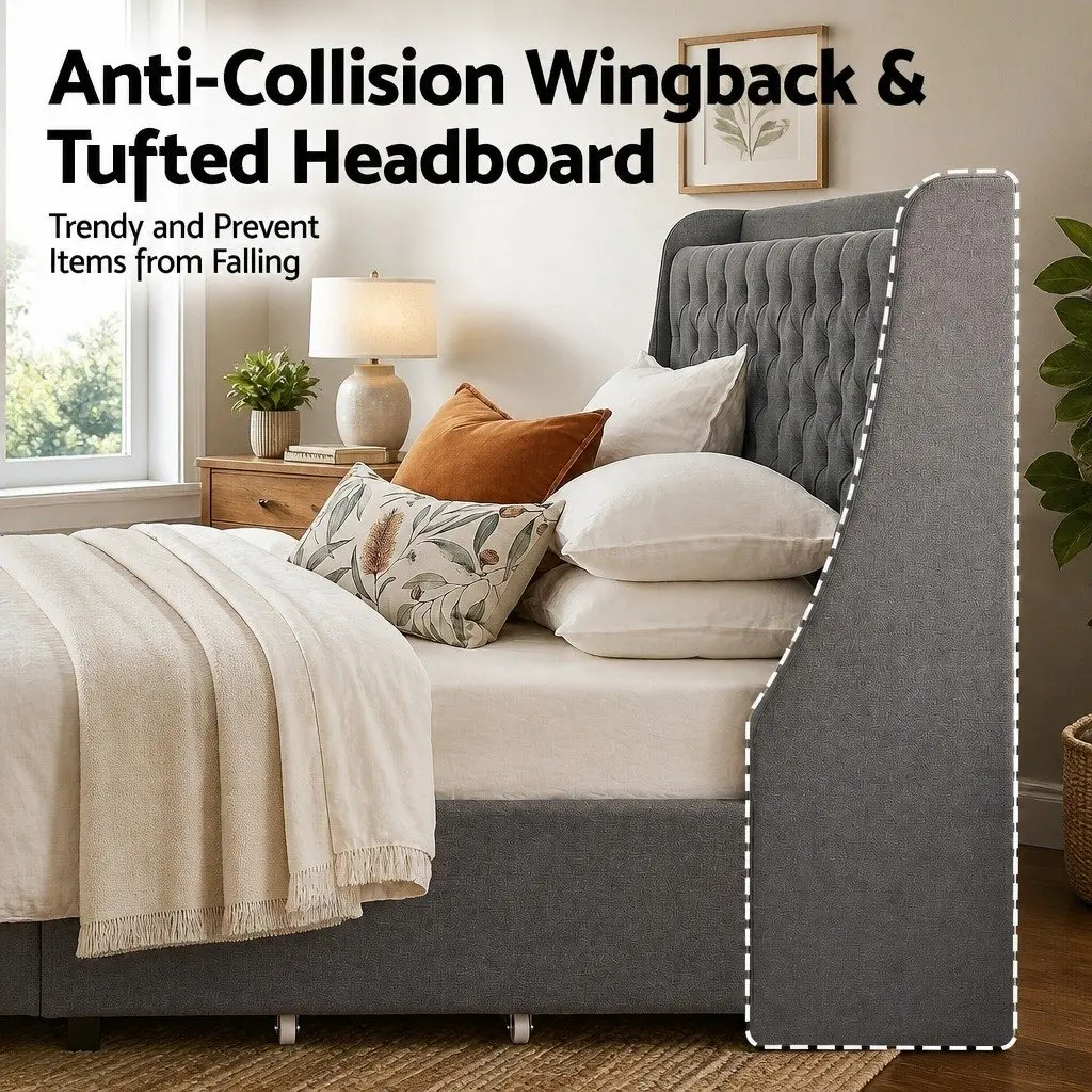 King Bed Frame with 4 Storage Drawers Tufted Wingback Upholstered Bedroom