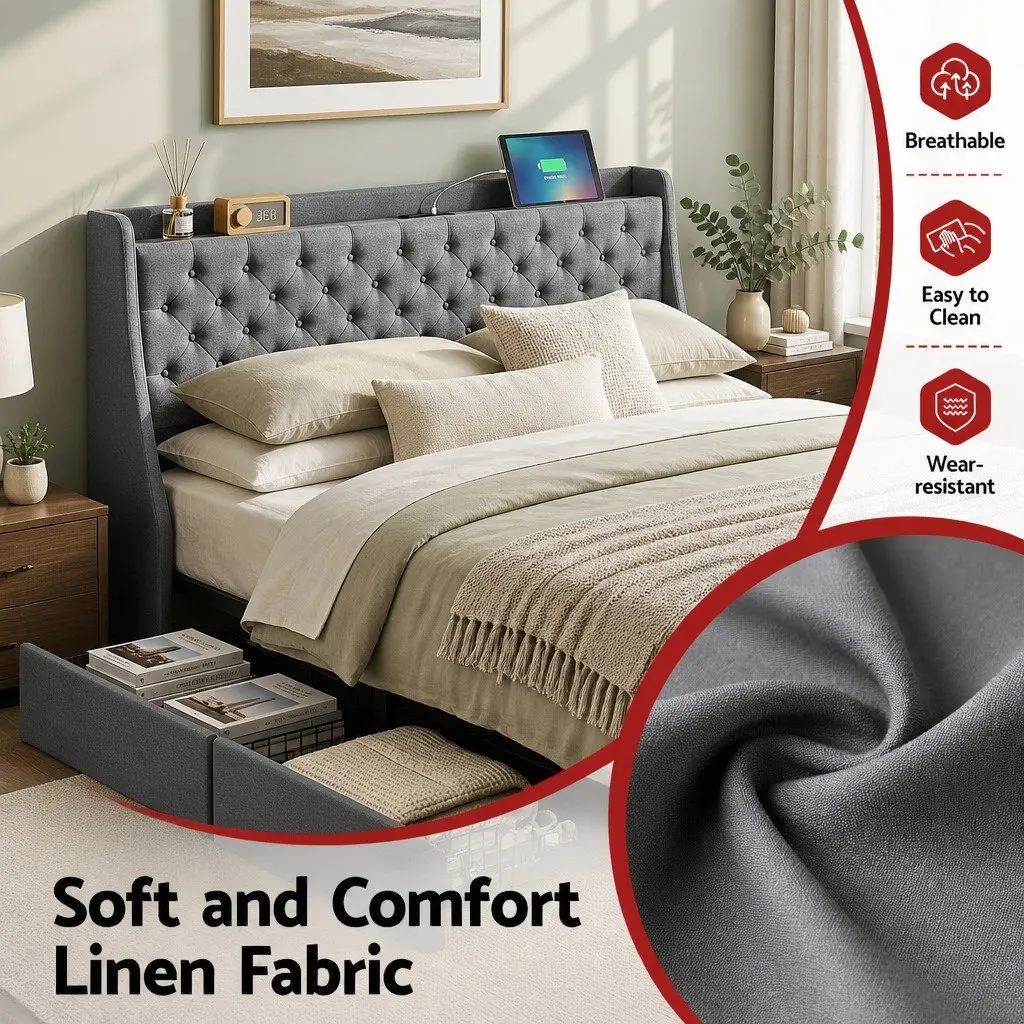 King Bed Frame with 4 Storage Drawers Tufted Wingback Upholstered Bedroom