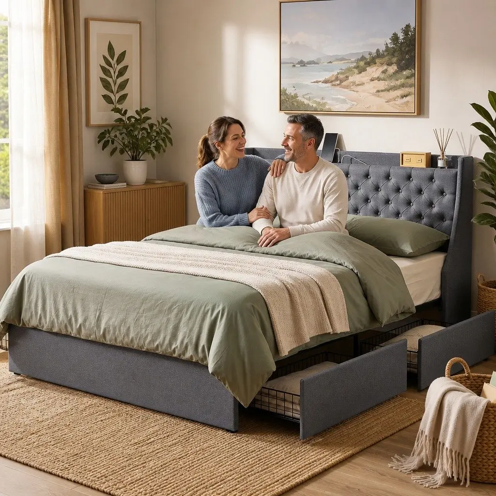 King Bed Frame with 4 Storage Drawers Tufted Wingback Upholstered Bedroom