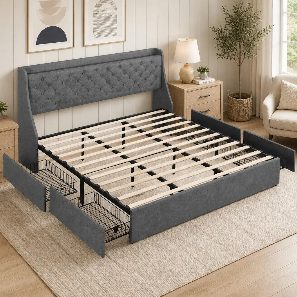 King Bed Frame with 4 Storage Drawers Tufted Wingback Upholstered Bedroom