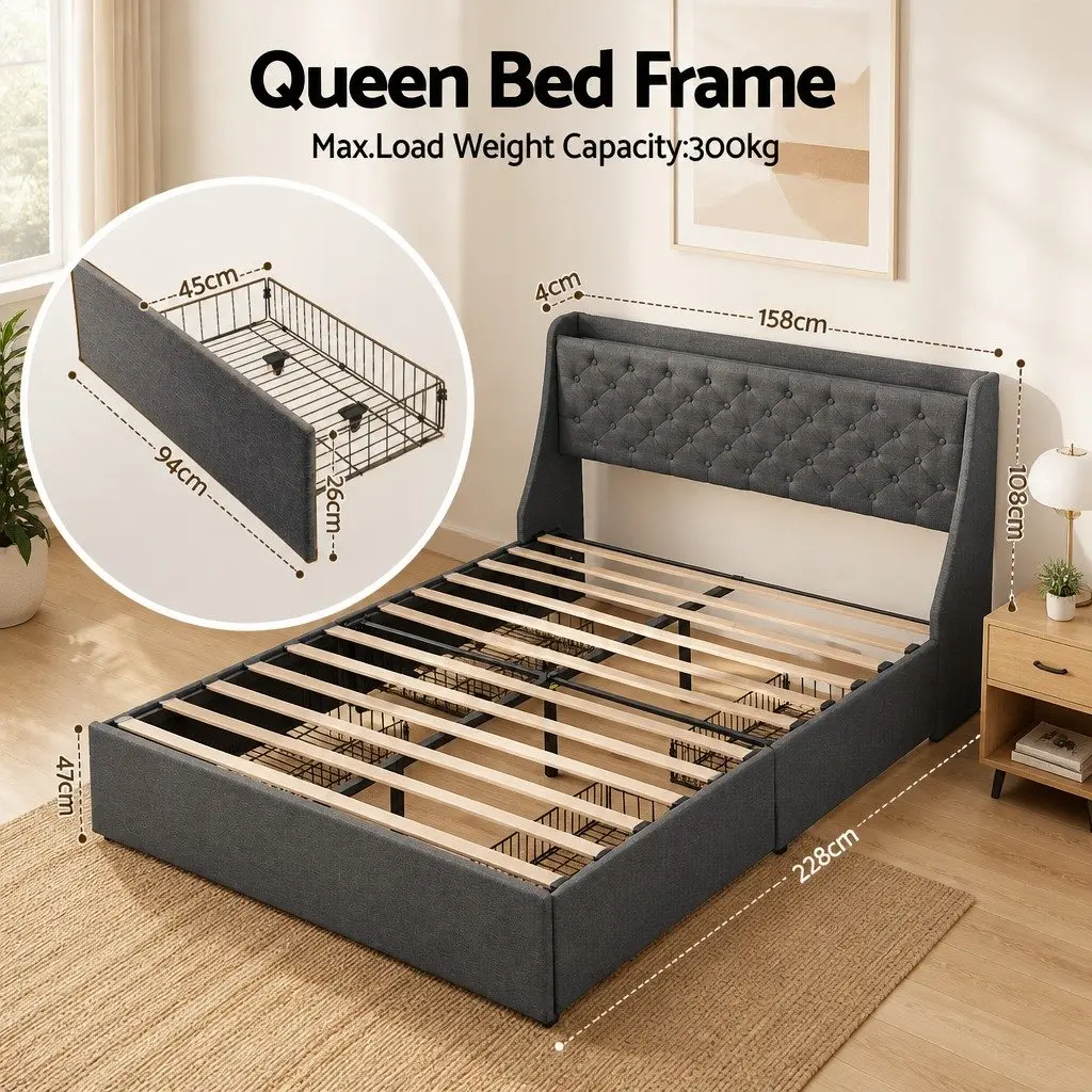 Queen Bed Frame with 4 Storage Drawers Tufted Wingback Headboard Charging