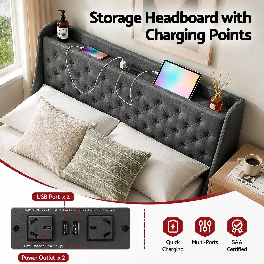 Queen Bed Frame with 4 Storage Drawers Tufted Wingback Headboard Charging