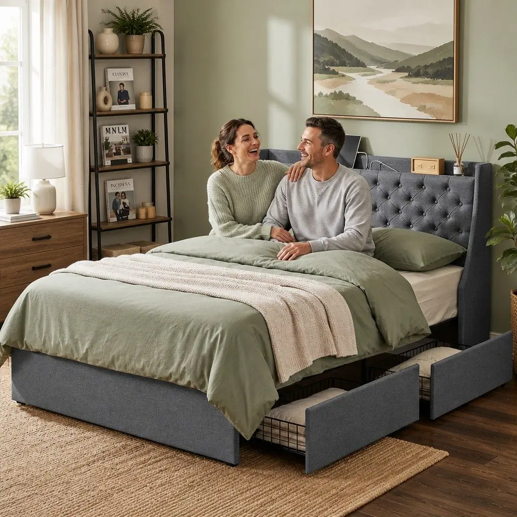 Queen Bed Frame with 4 Storage Drawers Tufted Wingback Headboard Charging