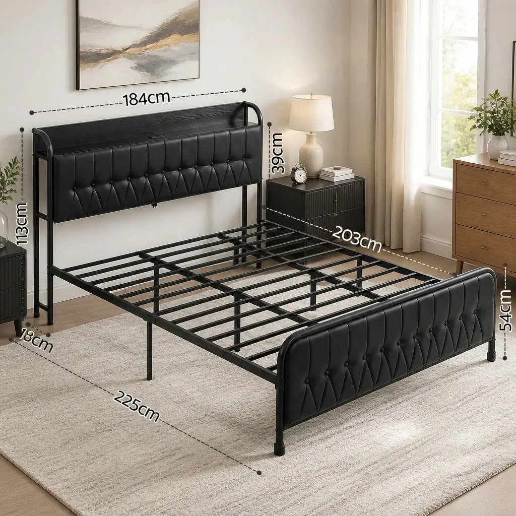 King Bed Frame Metal PU Leather Black 184W x 225L x 113H cm with Storage Headboard and Charging Station