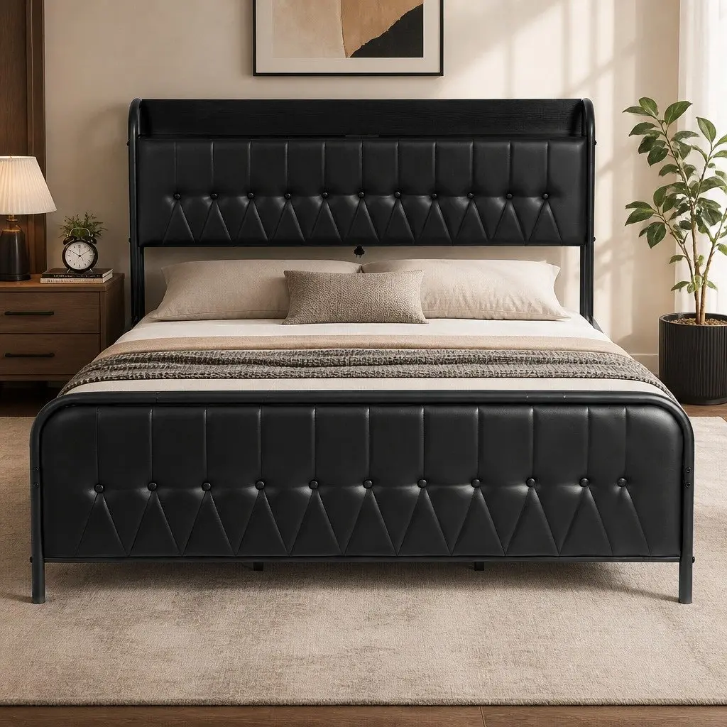 King Bed Frame Metal PU Leather Black 184W x 225L x 113H cm with Storage Headboard and Charging Station
