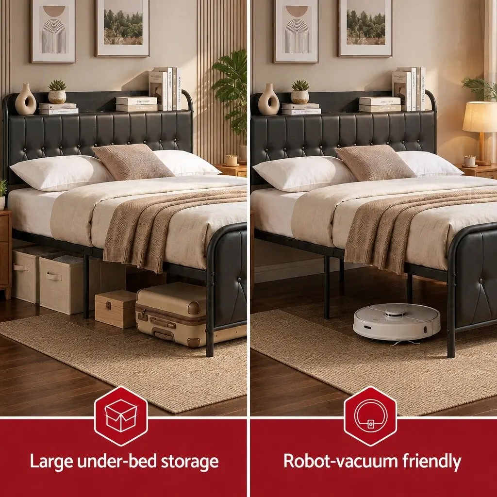 King Bed Frame Metal PU Leather Black 184W x 225L x 113H cm with Storage Headboard and Charging Station