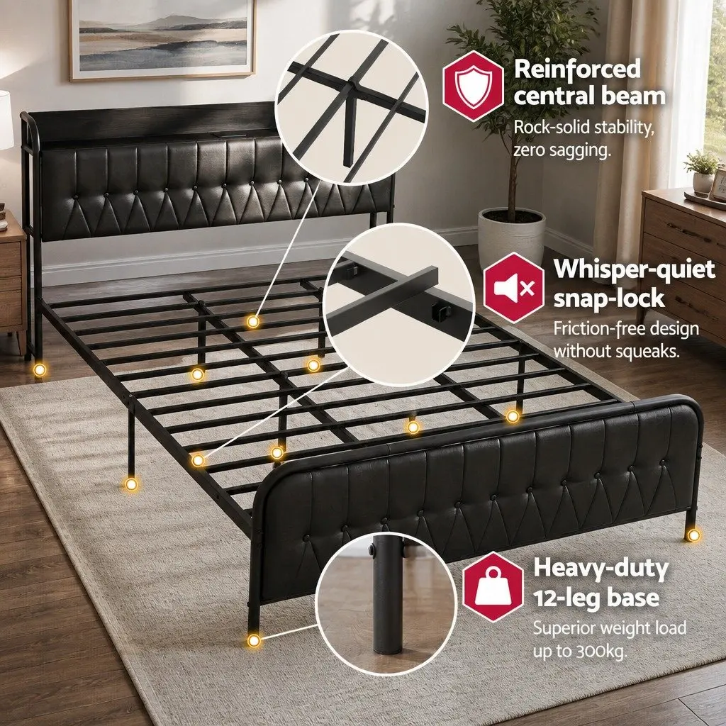 King Bed Frame Metal PU Leather Black 184W x 225L x 113H cm with Storage Headboard and Charging Station