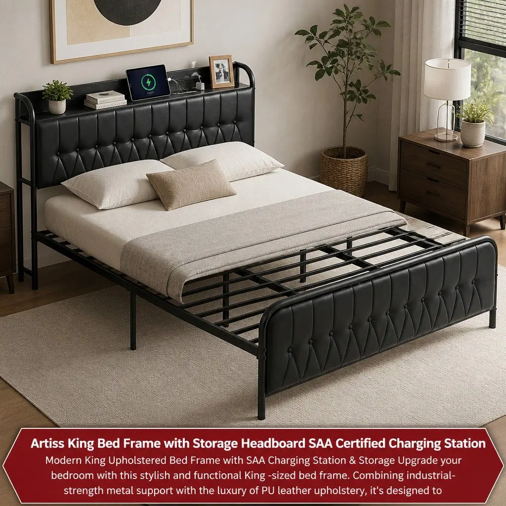King Bed Frame Metal PU Leather Black 184W x 225L x 113H cm with Storage Headboard and Charging Station