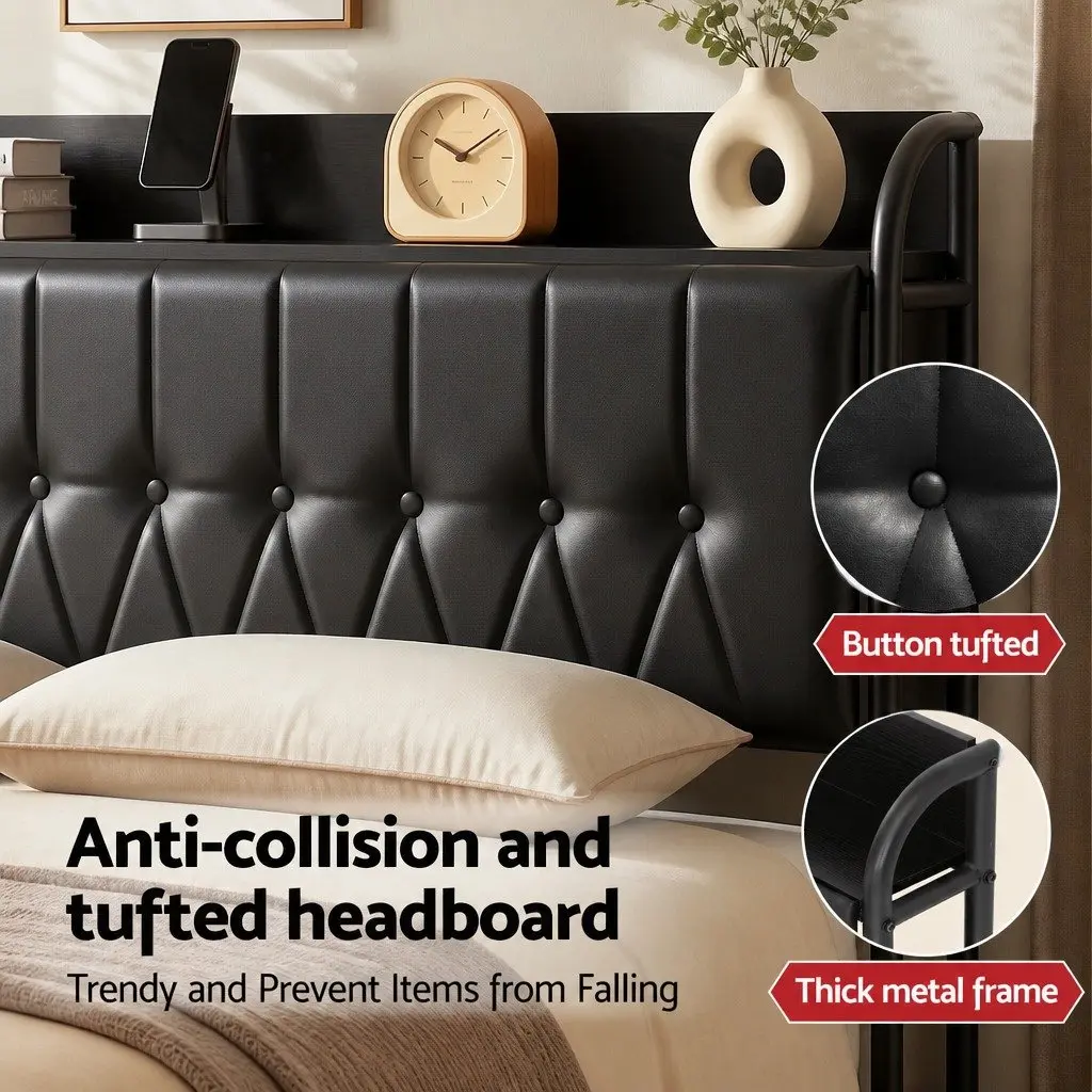 Queen Bed Frame Metal PU Leather 154cm x 225cm x 113cm Black Upholstered
