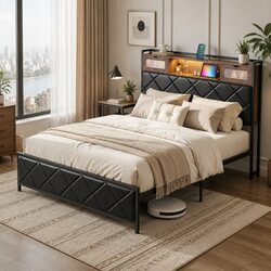 Double Bed Frame with Storage Headboard LED Lights USB Charging Station Black
