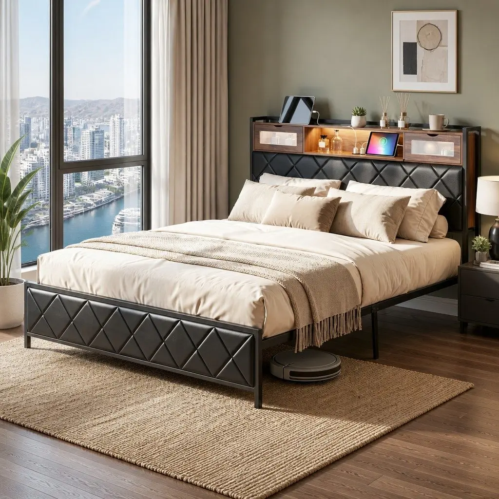 King Bed Frame Metal PU Leather Storage Headboard LED Lights Black