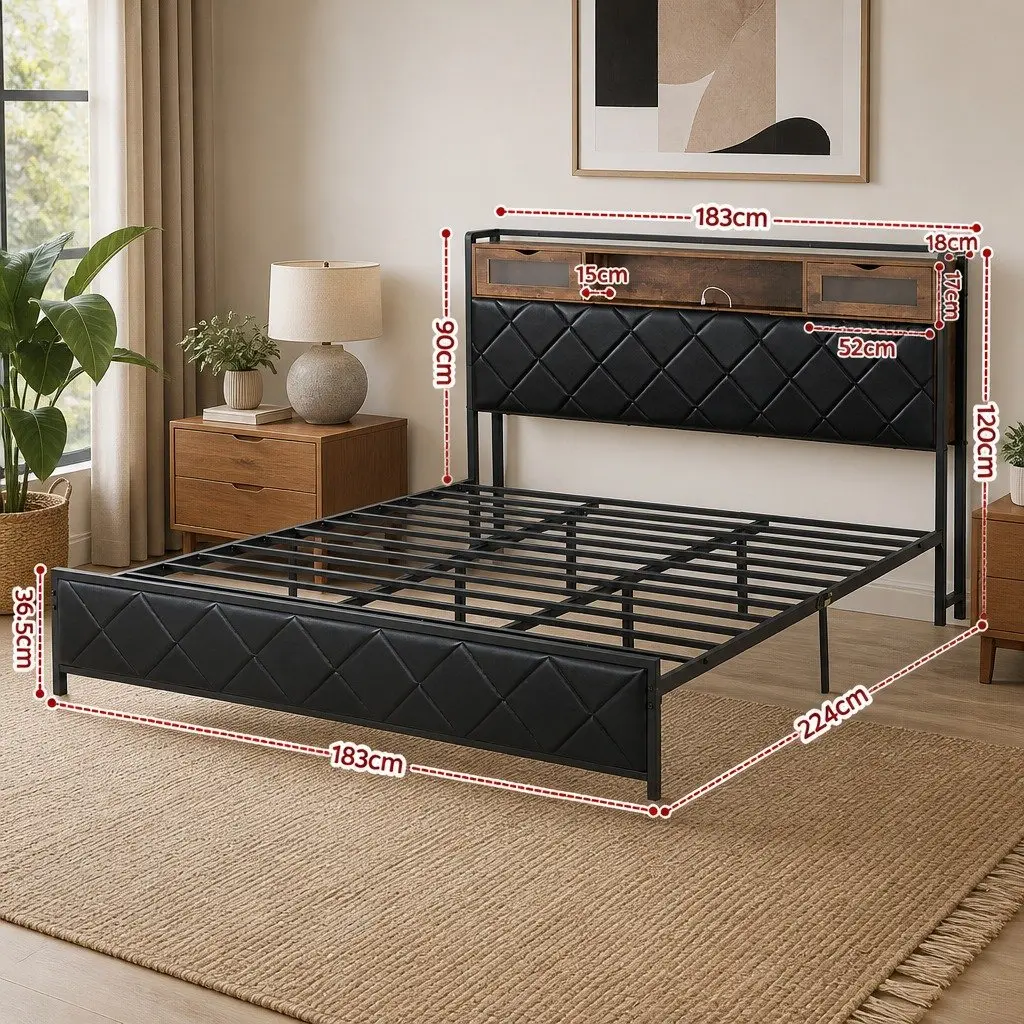 King Bed Frame Metal PU Leather Storage Headboard LED Lights Black