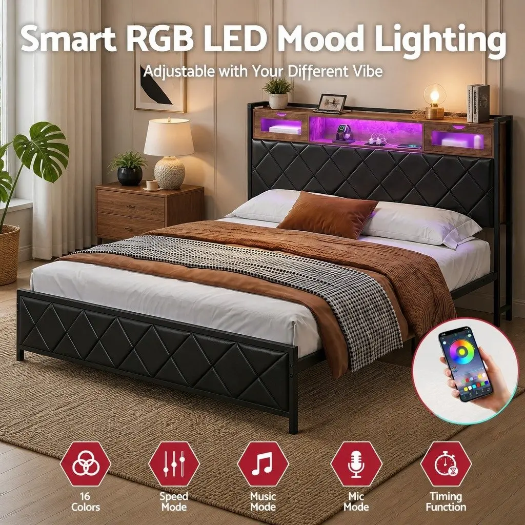 King Bed Frame Metal PU Leather Storage Headboard LED Lights Black