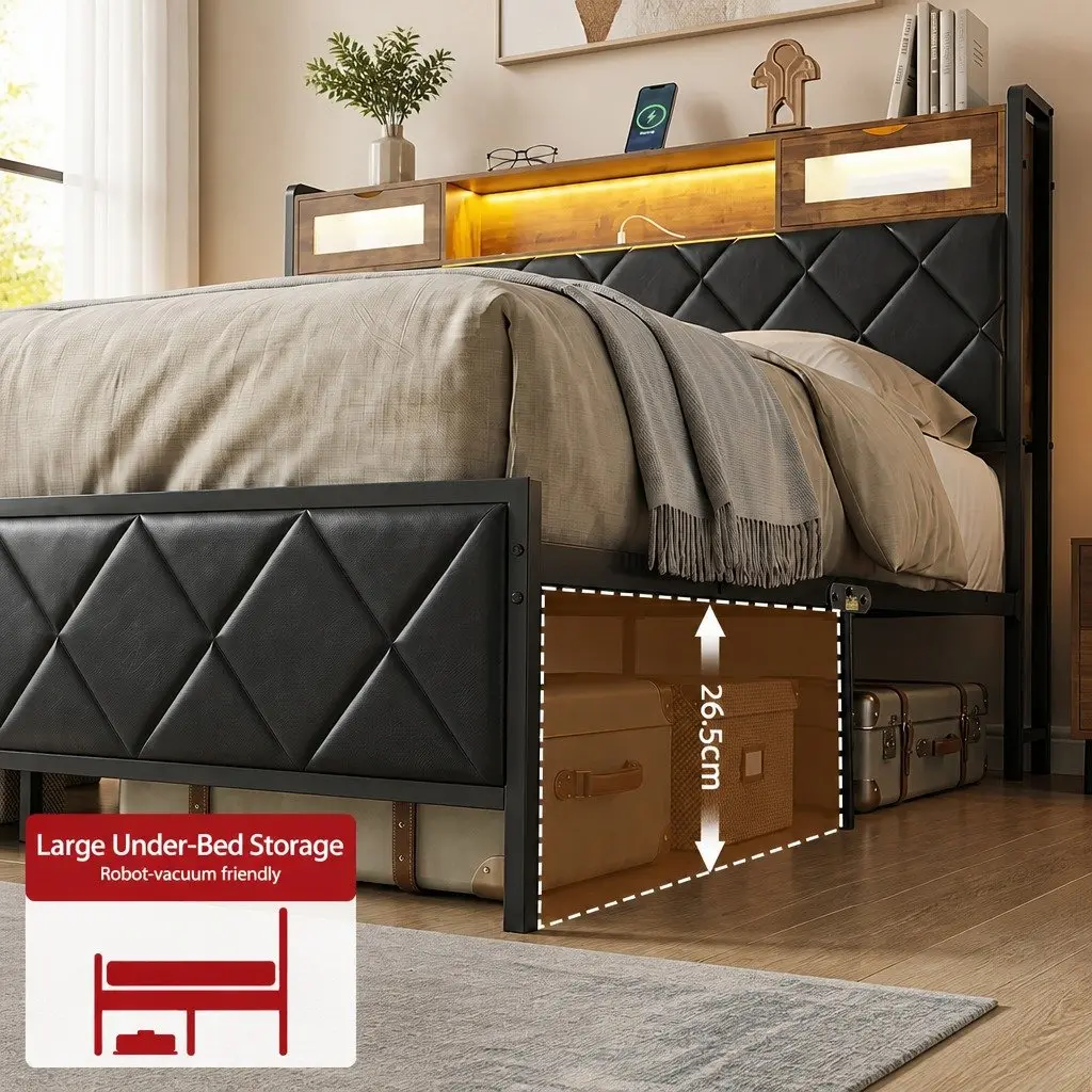 King Bed Frame Metal PU Leather Storage Headboard LED Lights Black