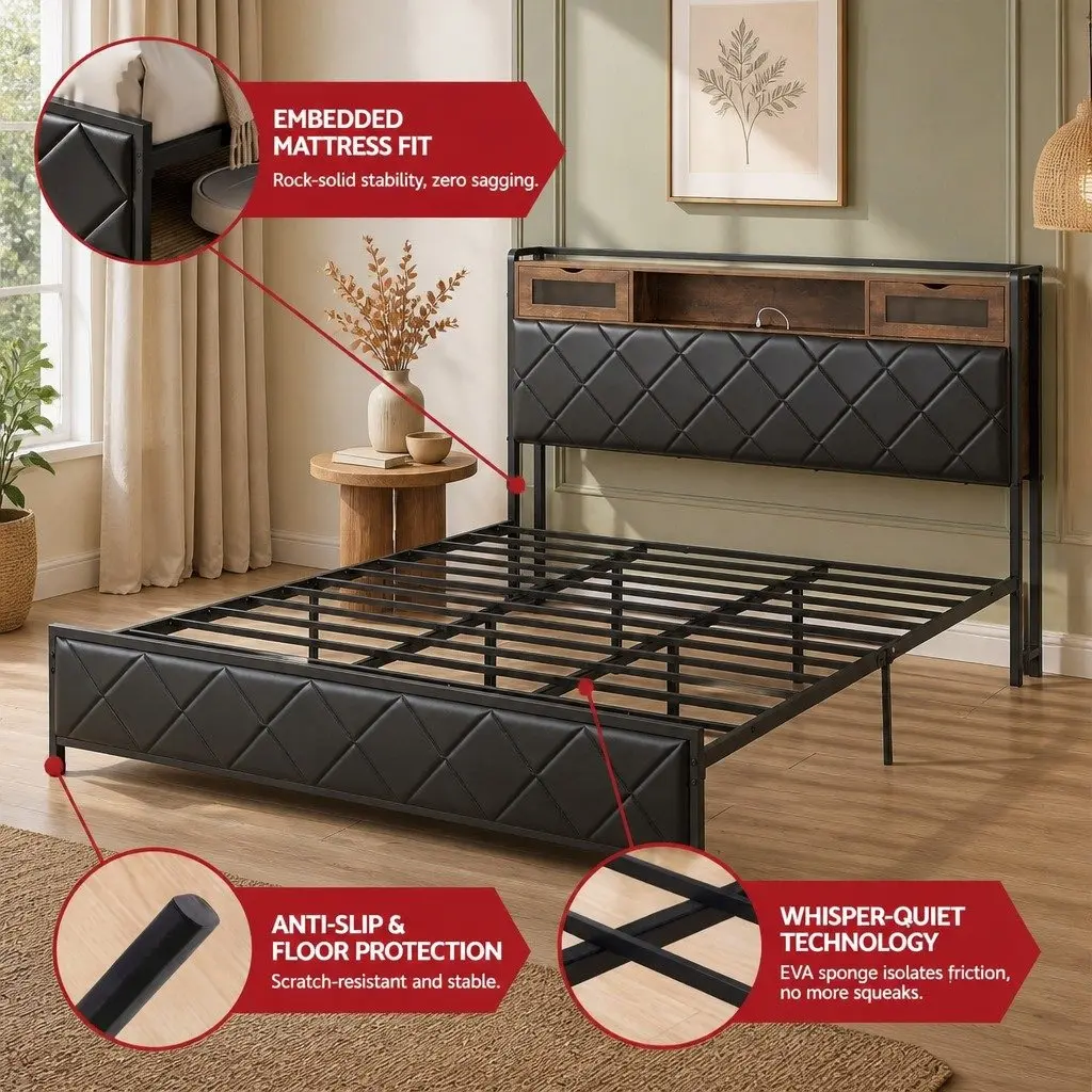 King Bed Frame Metal PU Leather Storage Headboard LED Lights Black