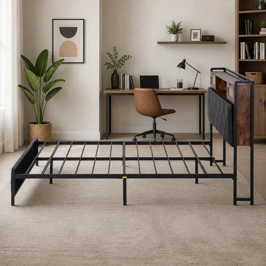 Queen Bed Frame with Storage and LED Lights