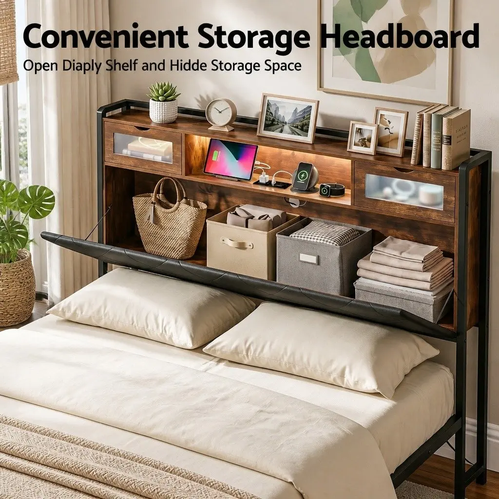 Queen Bed Frame with Storage and LED Lights