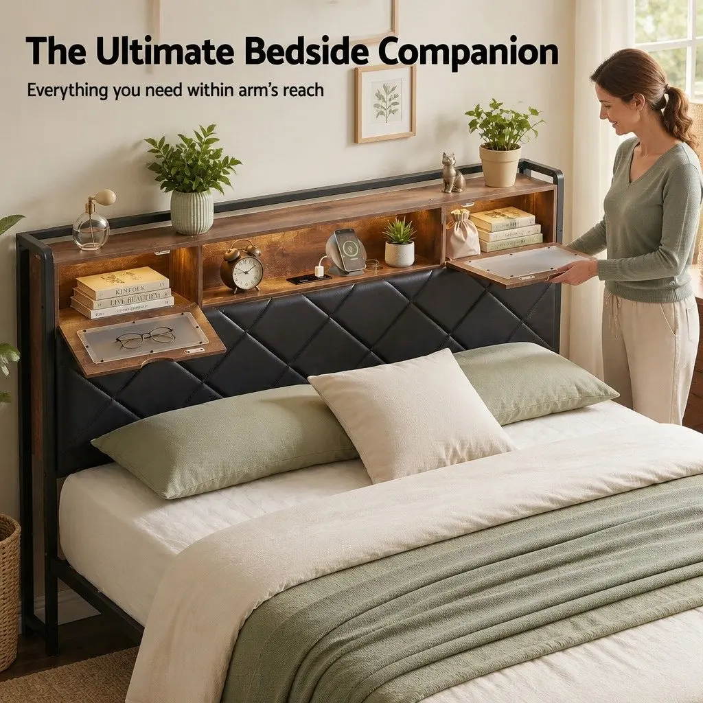 Queen Bed Frame with Storage and LED Lights