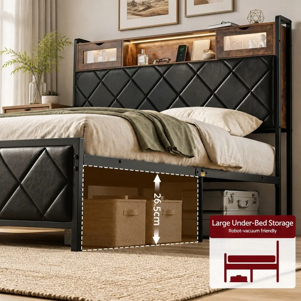 Queen Bed Frame with Storage and LED Lights