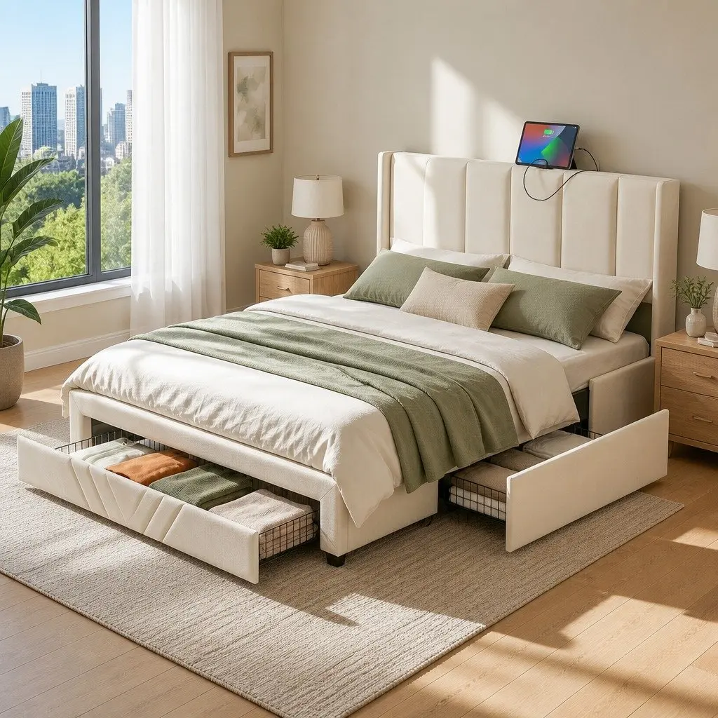 Double Bed Frame Beige Upholstered with Storage Drawers and Charging Station 145x202cm