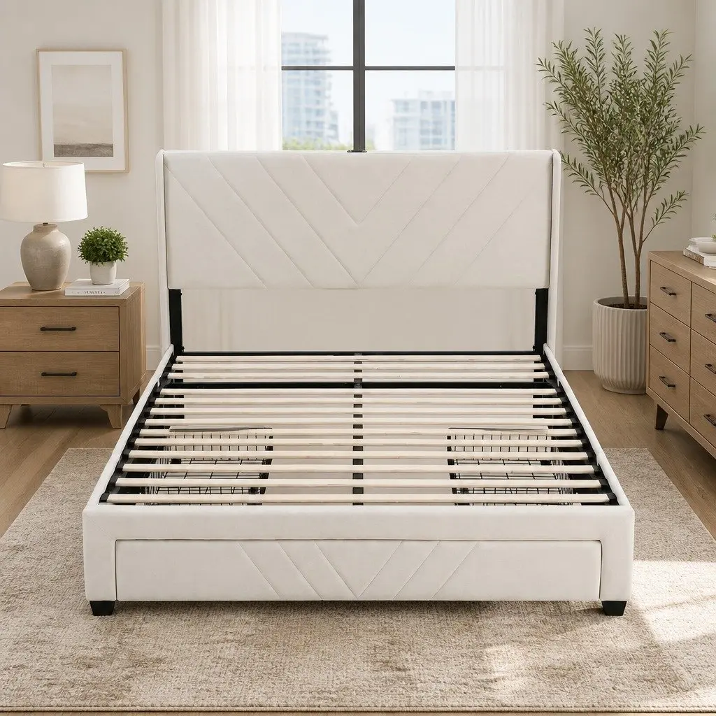 Double Bed Frame Beige Upholstered with Storage Drawers and Charging Station 145x202cm