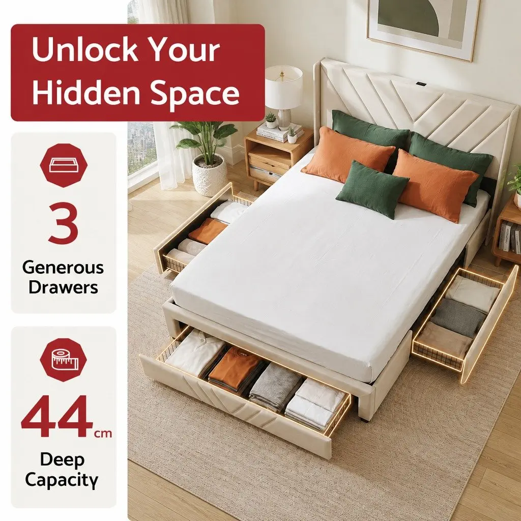 Double Bed Frame Beige Upholstered with Storage Drawers and Charging Station 145x202cm