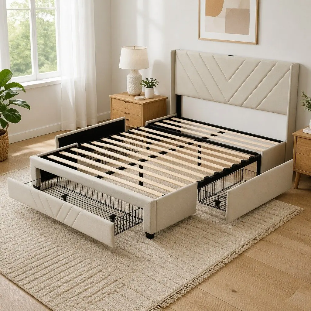 King Bed Frame with Charging Station and Storage Drawers Beige 300KG Capacity