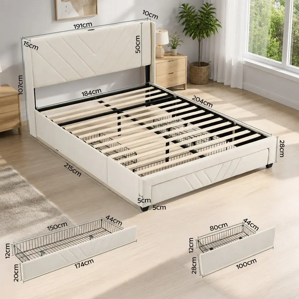 King Bed Frame with Charging Station and Storage Drawers Beige 300KG Capacity