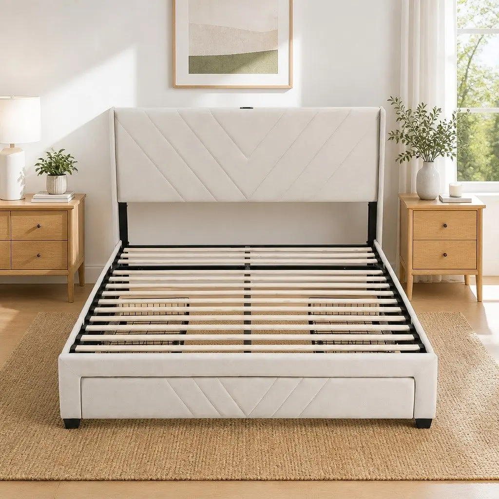 King Bed Frame with Charging Station and Storage Drawers Beige 300KG Capacity
