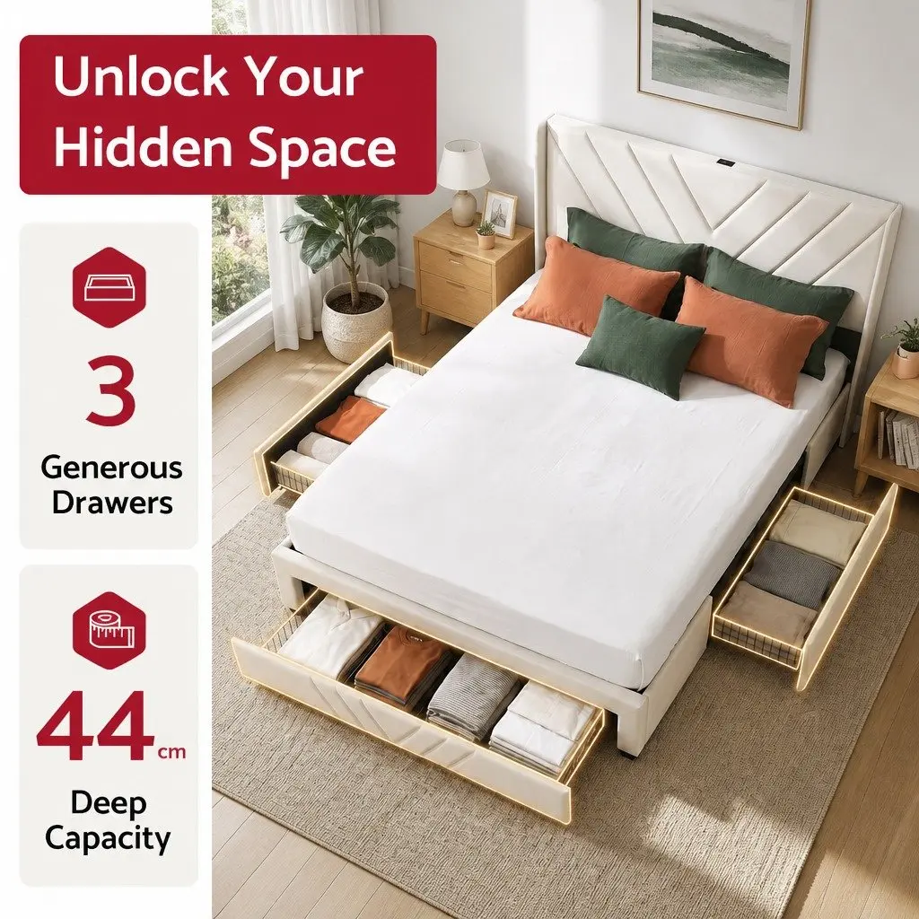 King Bed Frame with Charging Station and Storage Drawers Beige 300KG Capacity
