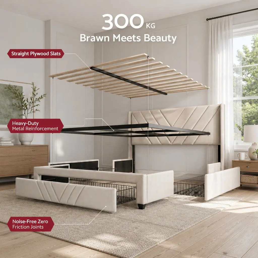 King Bed Frame with Charging Station and Storage Drawers Beige 300KG Capacity