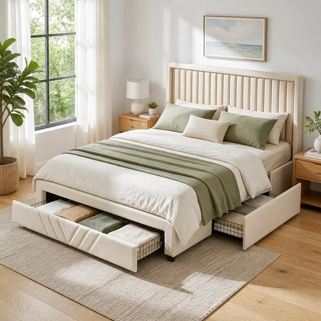 Queen Bed Frame Upholstered Beige with Charging Station and Storage Drawers 161W x 215L x 107H cm