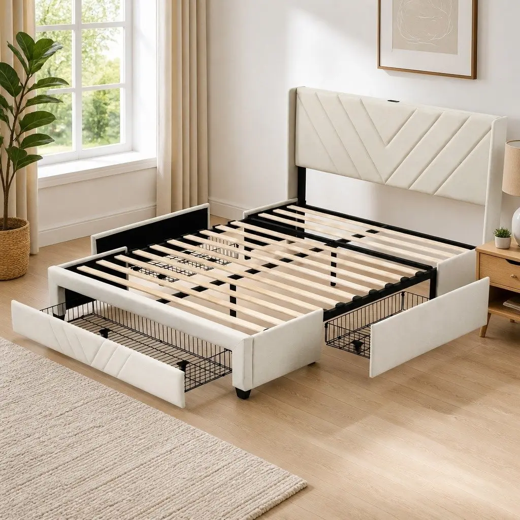Queen Bed Frame Upholstered Beige with Charging Station and Storage Drawers 161W x 215L x 107H cm