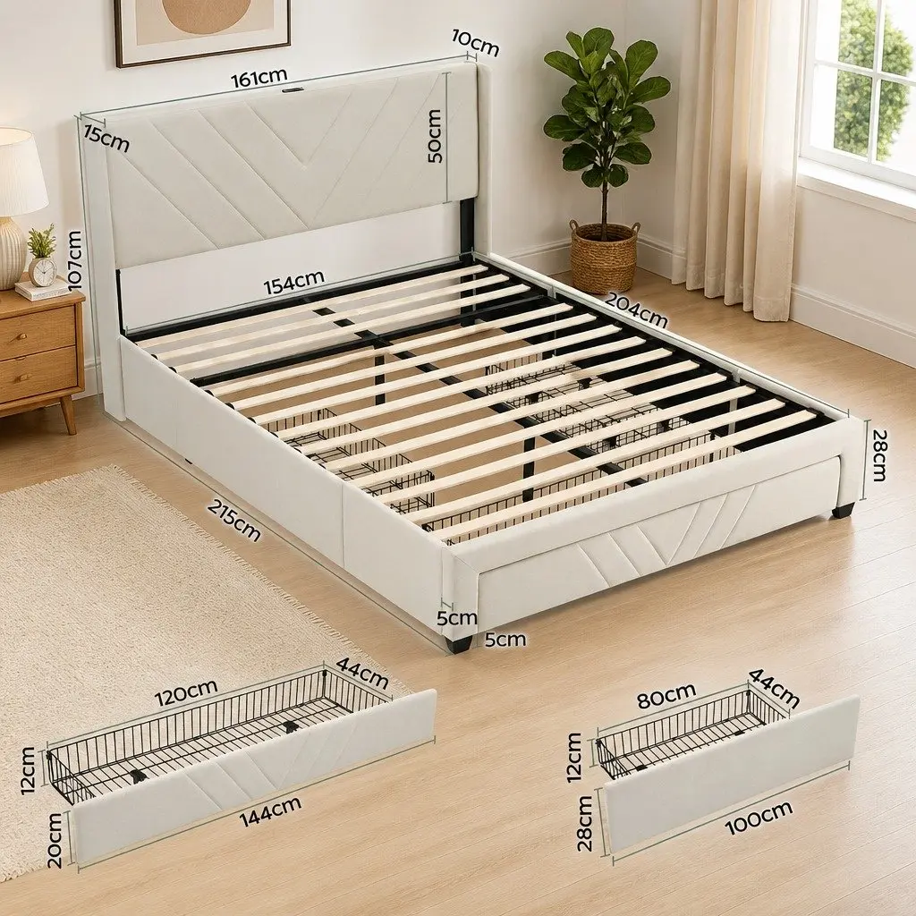 Queen Bed Frame Upholstered Beige with Charging Station and Storage Drawers 161W x 215L x 107H cm