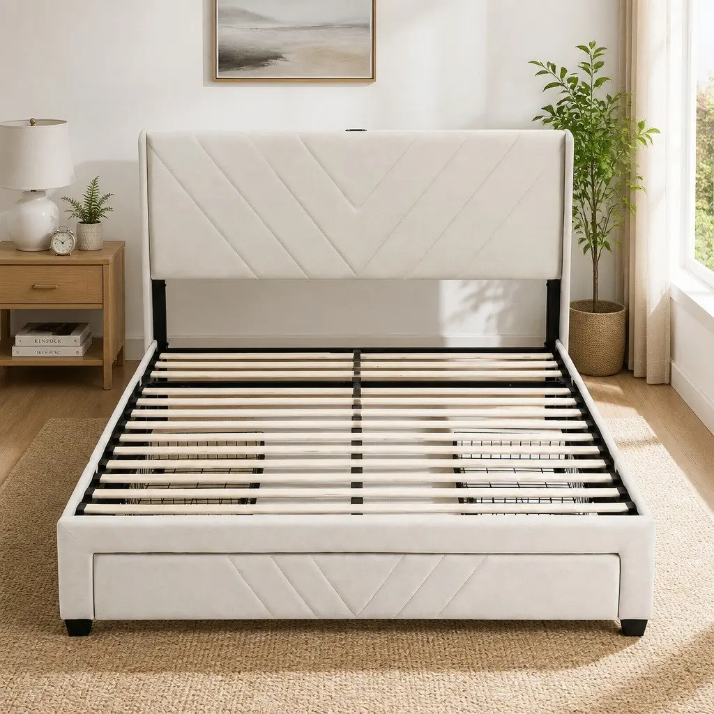 Queen Bed Frame Upholstered Beige with Charging Station and Storage Drawers 161W x 215L x 107H cm