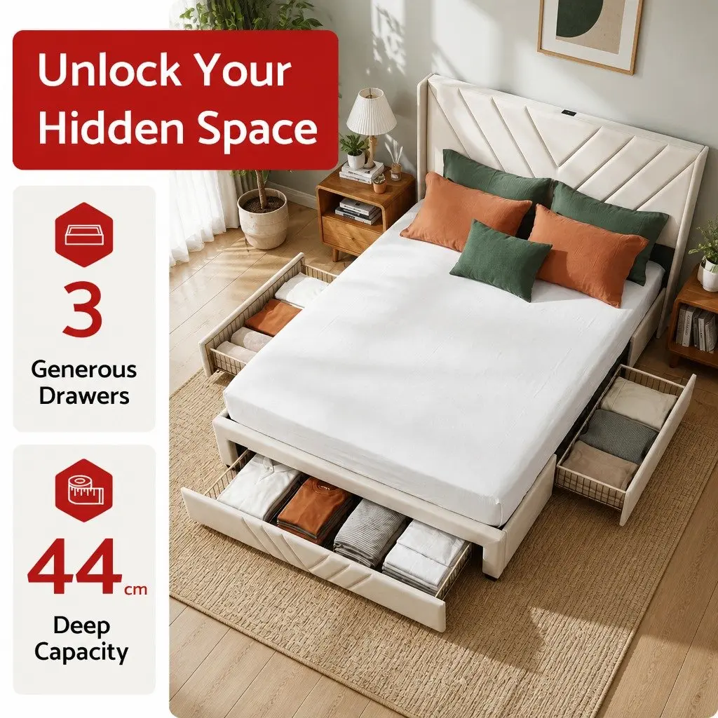 Queen Bed Frame Upholstered Beige with Charging Station and Storage Drawers 161W x 215L x 107H cm