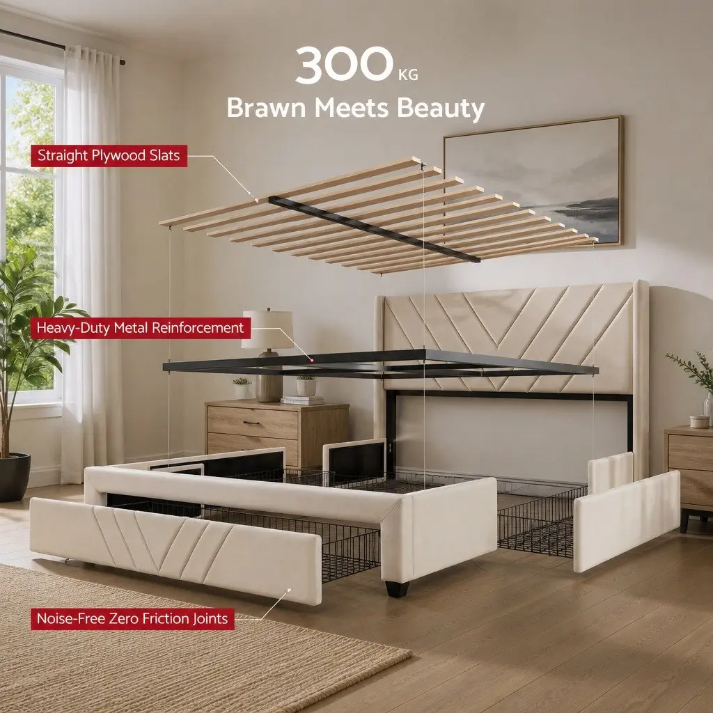 Queen Bed Frame Upholstered Beige with Charging Station and Storage Drawers 161W x 215L x 107H cm