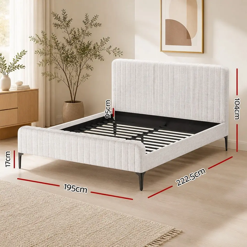 King Bed Frame Upholstered Faux Linen Storage with Pocket Coil Mattress Medium Firm 222.5 x 195 x 104 cm Beige White