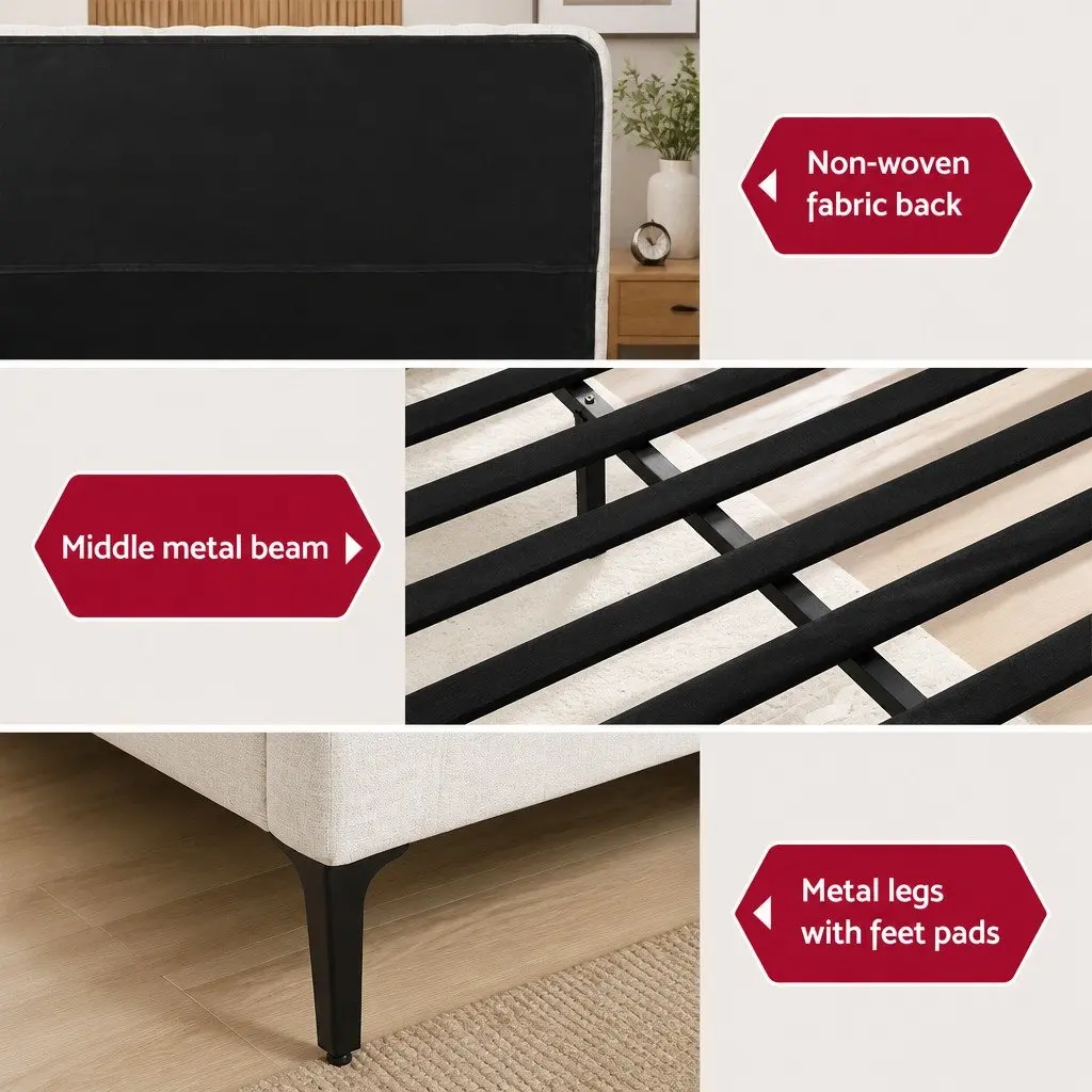 King Bed Frame Upholstered Faux Linen Storage with Pocket Coil Mattress Medium Firm 222.5 x 195 x 104 cm Beige White