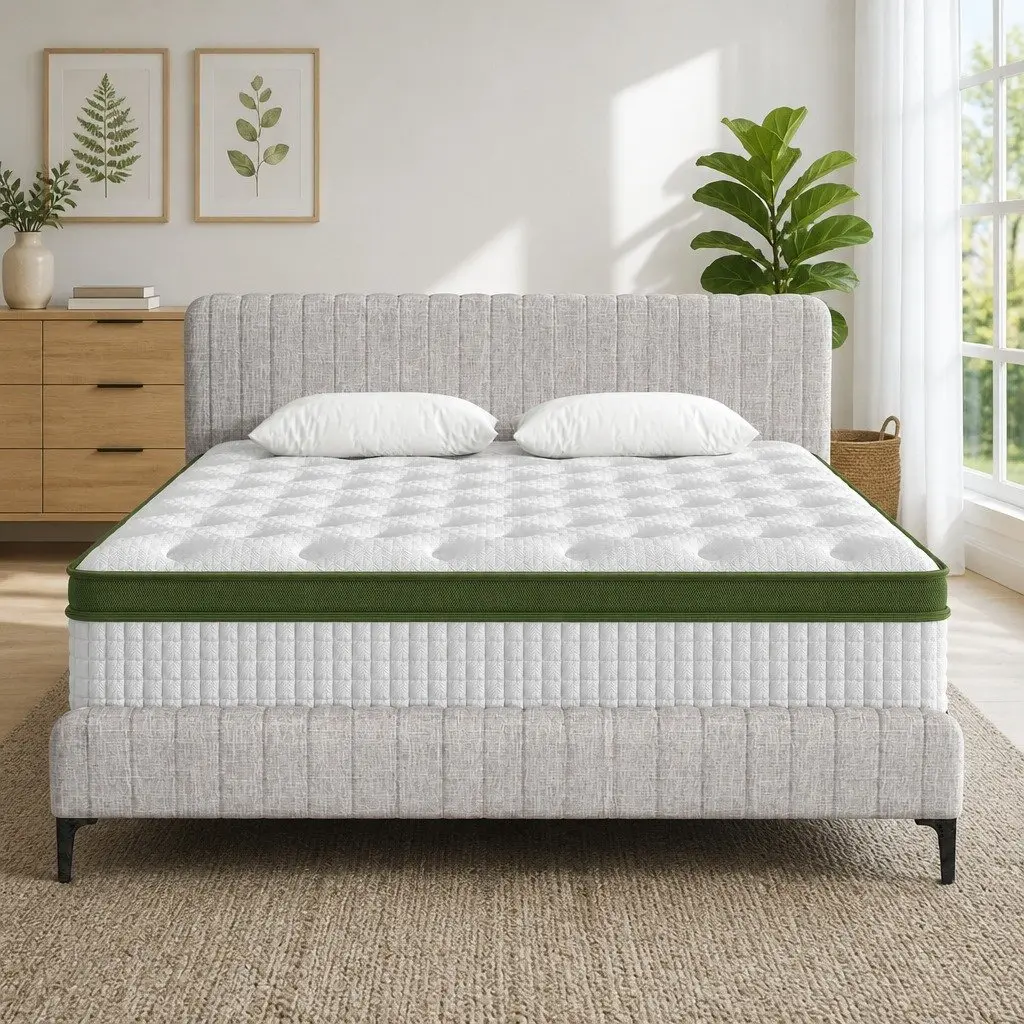 King Bed Frame Upholstered Faux Linen Storage with Pocket Coil Mattress Medium Firm 222.5 x 195 x 104 cm Beige White